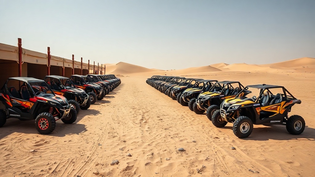 Fleet of rental dune buggies staged at the dunes
